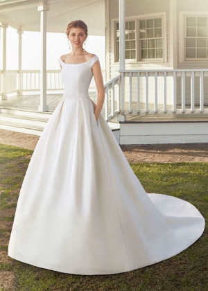Beaded Ivory Satin Lace Trim Wedding Dress With Pockets